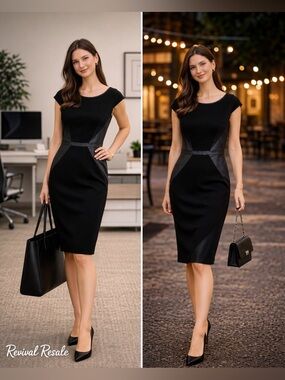 Ann Taylor Black Sheath Dress Leather Panel Chic Office Date Night Sz 2